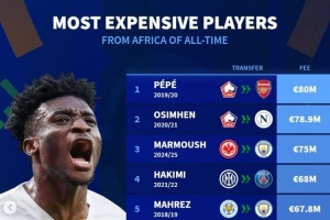 非洲球员历史转会费榜:佩佩压奥斯梅恩&马尔穆什居首,库杜斯第6